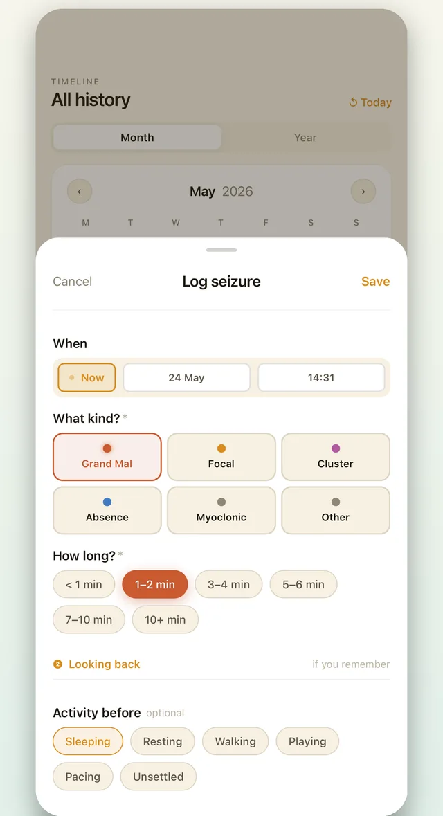 Logging a dog's seizure in the EpiPaws app — choosing the seizure type and duration in a few taps.