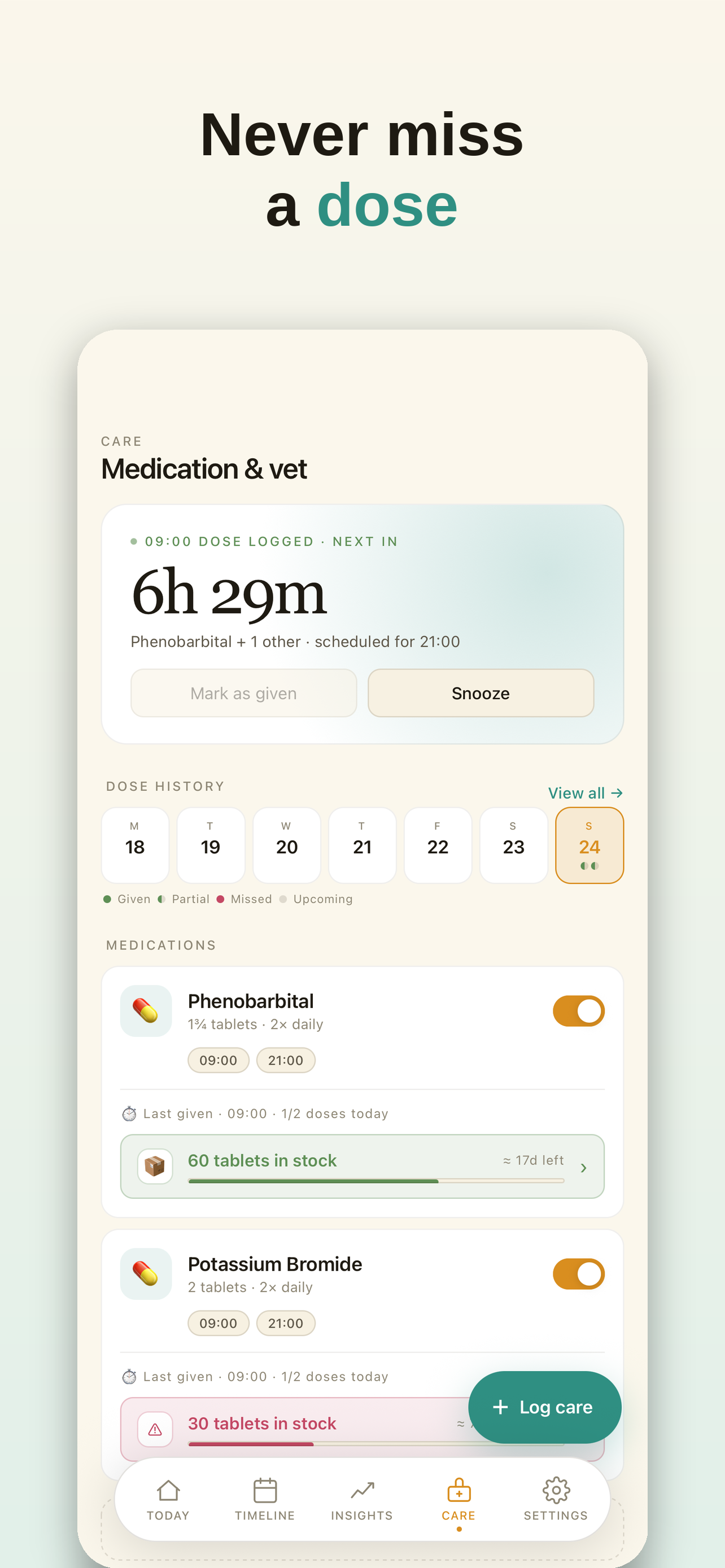 EpiPaws medication and care screen
